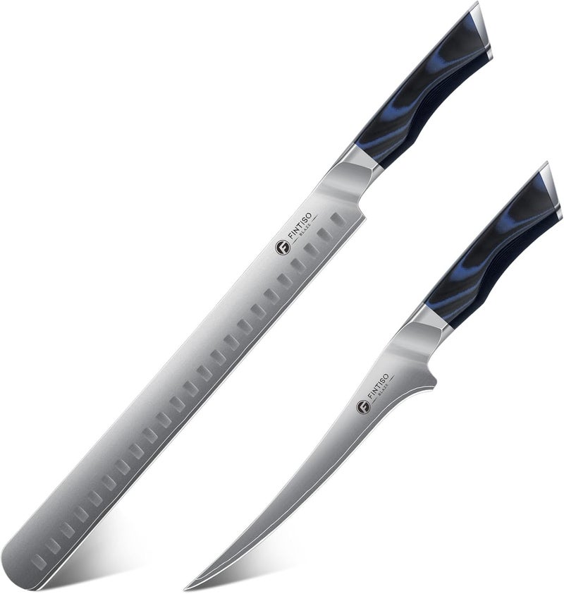 FINTISO Professional BBQ Carving Knife Set, Brisket Slicing and Fillet Knife for Meat Cutting, Japanese High Carbon Steel Slicing Knives with G10 Handle, Full Tang Ultra Sharp Meat Cleaver - Image 1
